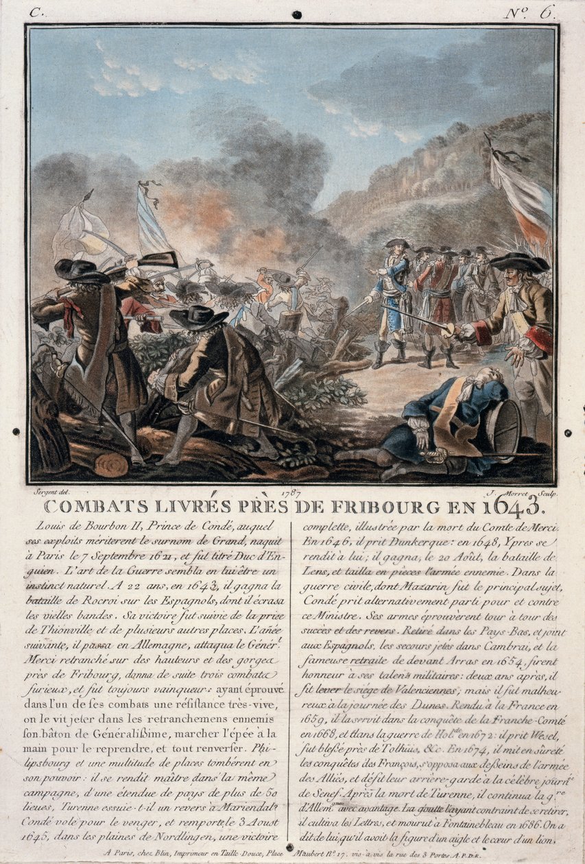1643年弗赖堡附近的战斗，由Jean Baptiste Morret（1790-1820）雕刻，1787年（彩色光刻） 作者 安托万·路易斯·弗朗索瓦·瑟金特·玛索