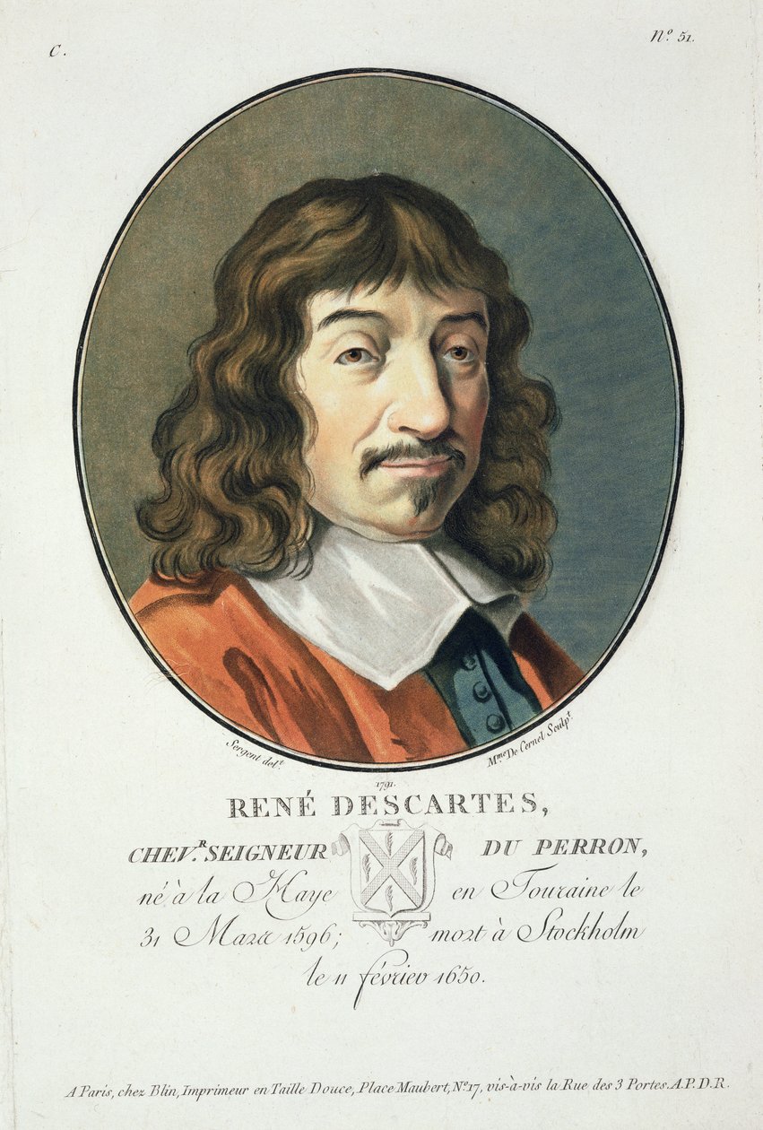 Rene Descartes，来自伟大的人物肖像，杰出的女性，以及法国的难忘主题，严肃和印刷的色彩，由Pierre Blin出版，1786-92，巴黎 作者 安托万·路易斯·弗朗索瓦·瑟金特·玛索