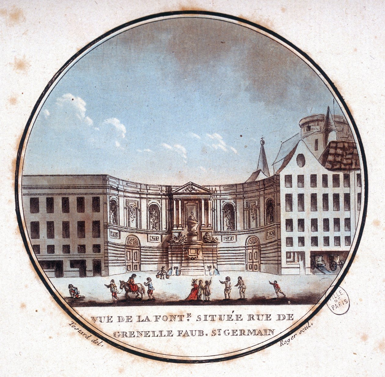 位于 rue de Grenelle Faubourg Saint Germain 的喷泉景色，现在是 Grenelle 的喷泉。 中士在巴黎主要建筑的美丽景色中 作者 安托万·路易斯·弗朗索瓦·瑟金特·玛索