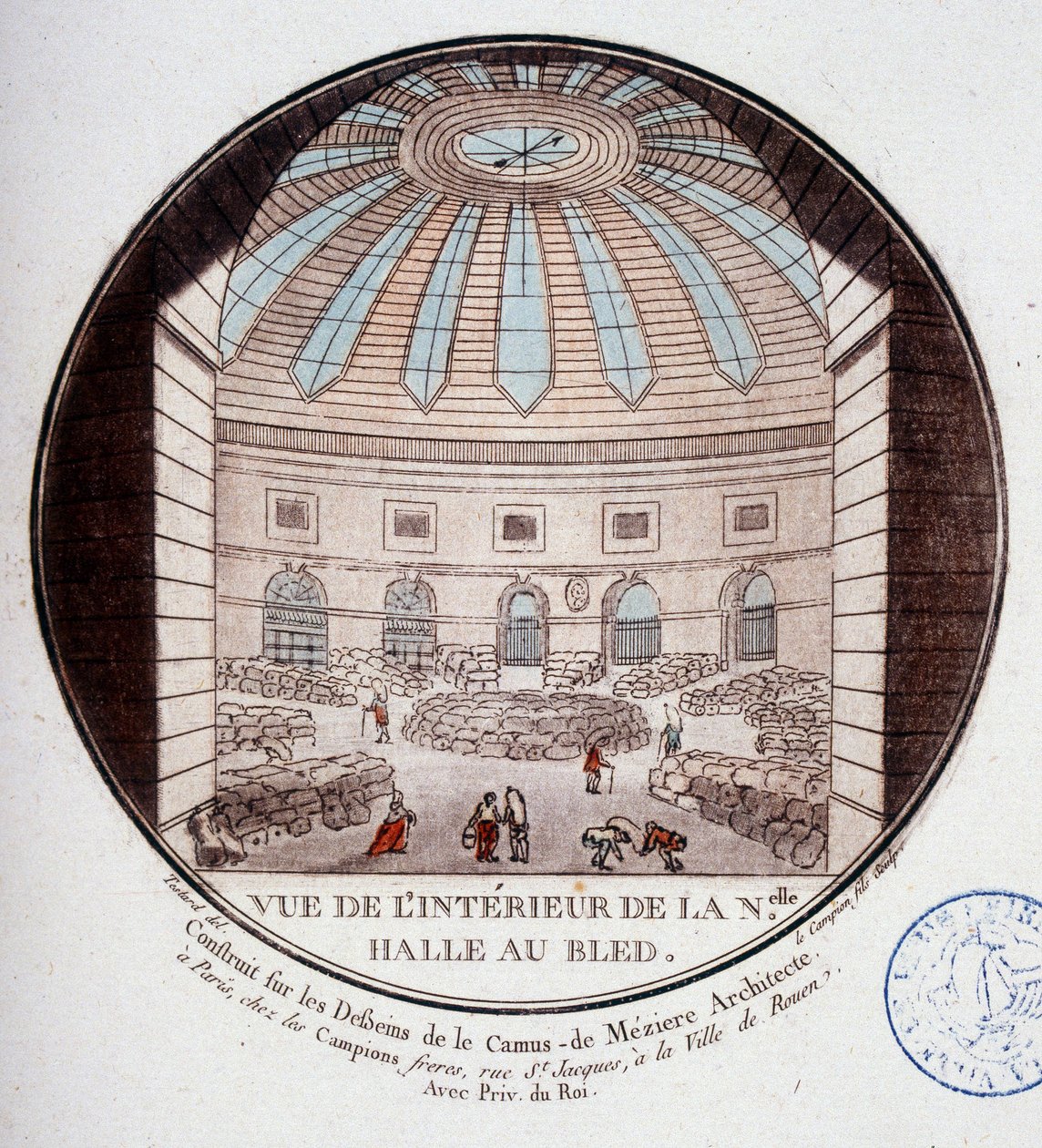 由 Le Camus de Mézières 于 1763 年至 1766 年间建造的新市场大厅的内部景观，现在是巴黎的证券交易所。 中士在巴黎主要建筑的美丽景色中 作者 安托万·路易斯·弗朗索瓦·瑟金特·玛索