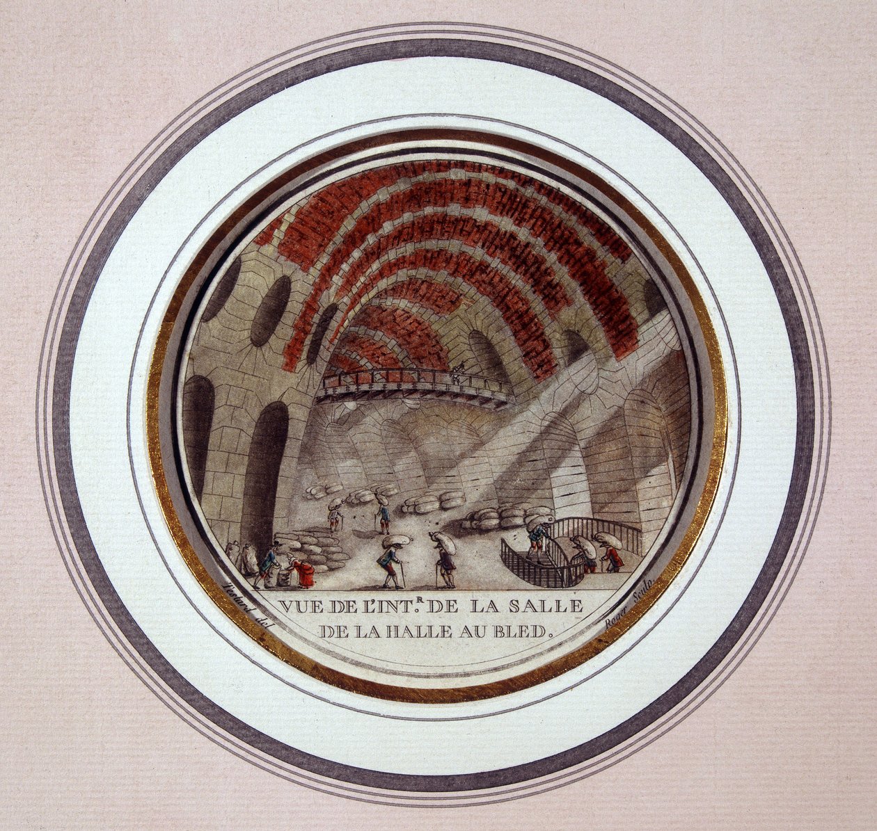由 Le Camus de Mézières 于 1763 年至 1766 年间建造的新市场大厅的内部景观，现在是巴黎的证券交易所。 中士在巴黎主要建筑的美丽景色中 作者 安托万·路易斯·弗朗索瓦·瑟金特·玛索