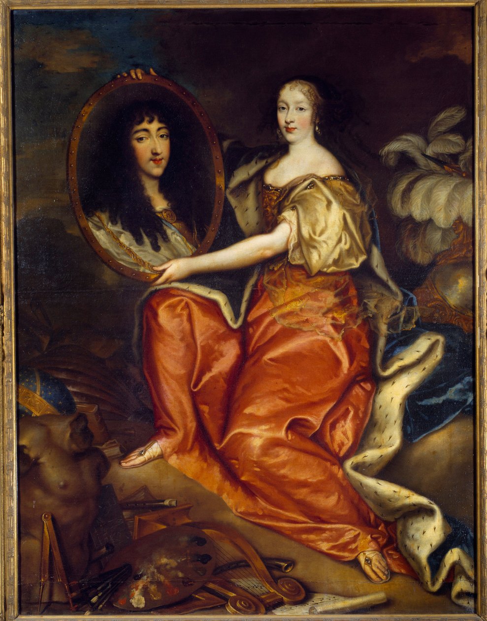 英格兰的亨丽埃特-安妮（Henriette-Anne）（1644-1670）奥尔良公爵夫人的肖像，手持奥尔良公爵（1640-1701）的肖像，名为 "先生"。双人画像。画中的阿比米画。安托万-马蒂厄（Antoine Mathieu，1631-1673）的画作，1664年太阳。 作者 安托万·马修（Antoine Mathieu）