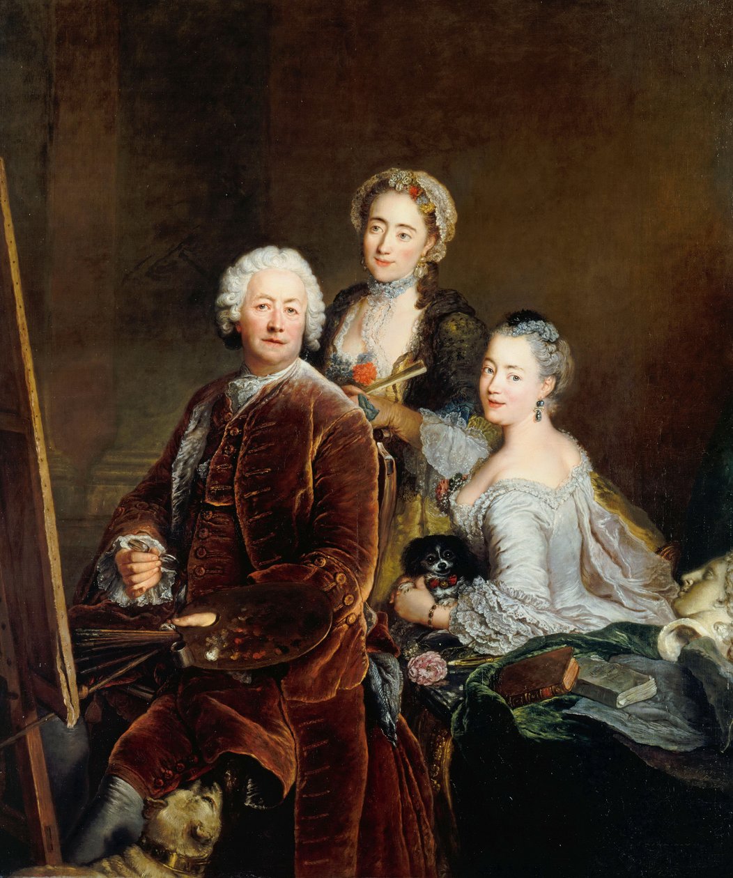 在画架前与女儿Henriette Royard和Marie deRège的自画像 作者 安托万·佩斯内