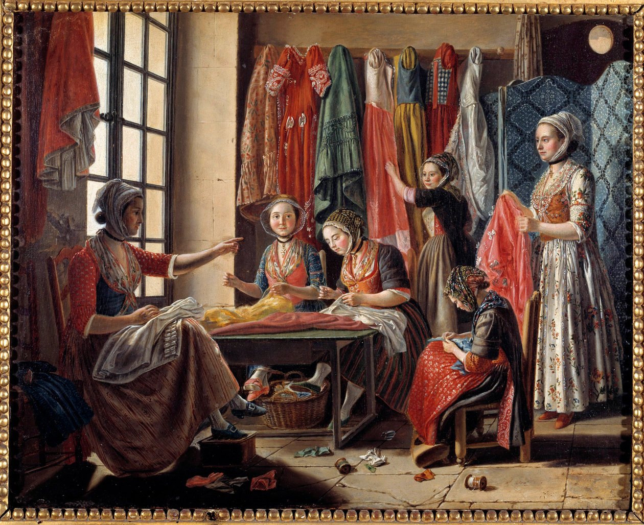 1760 年在阿尔勒的一家缝纫作坊 Antoine Raspal (1738-1811) 绘画 1760 年阿尔勒，Musee Reattu 作者 安托万·拉斯帕尔（Antoine Raspal）