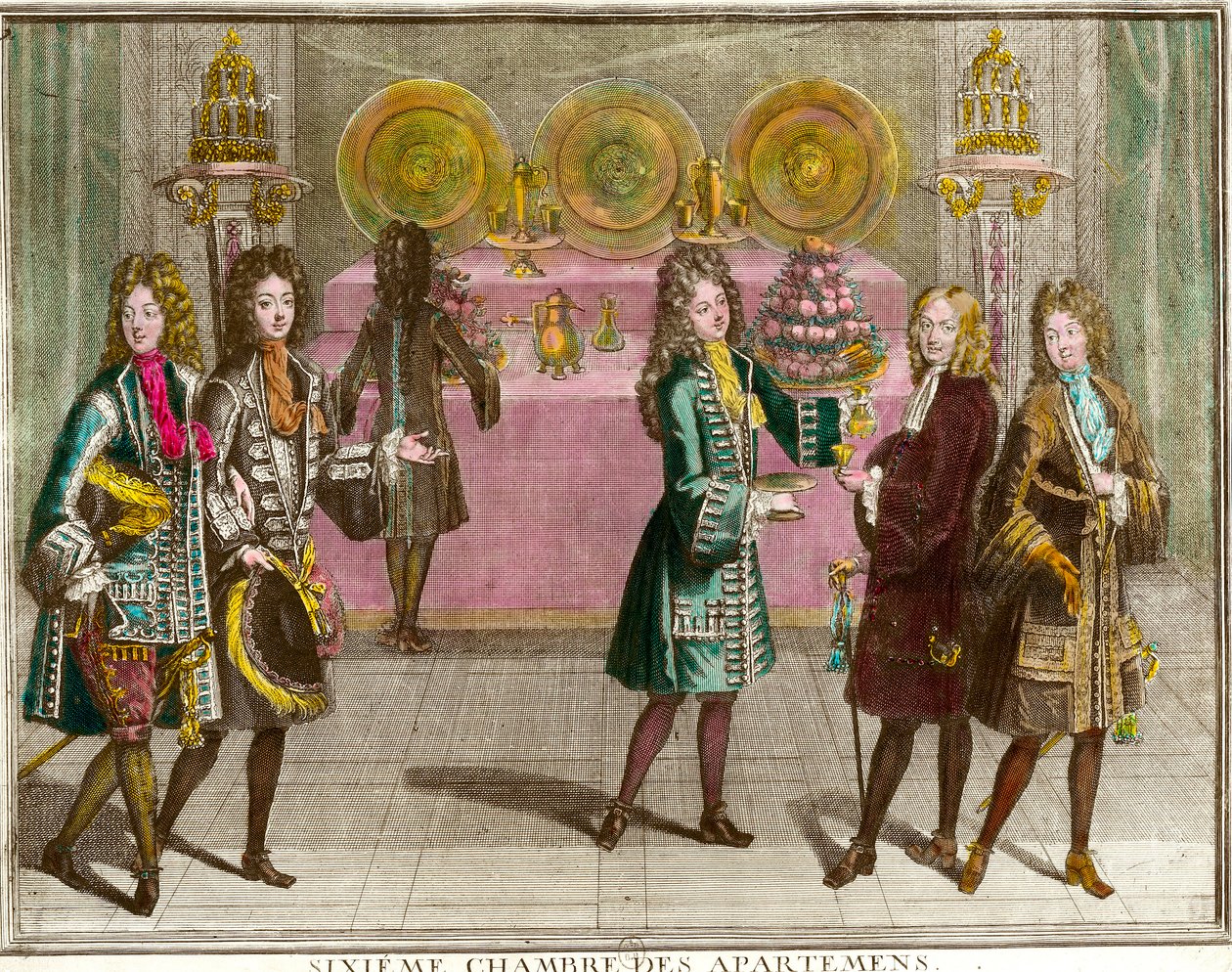 Buffet stands for snacks in the sixth bedroom of the apartments of the family of Louis XIV (1638-1715) during the evenings of apartment in Versailles around 1696 Engraving by Antoine Trouvain (1656-1708) 1696 approx. Private collection 作者 安托万·特鲁万