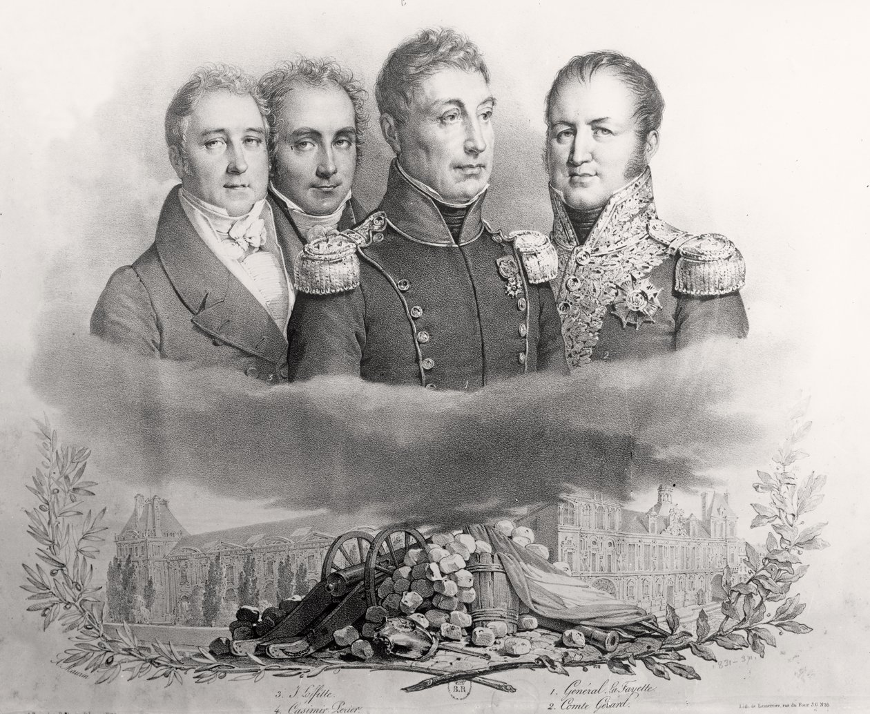 临时政府1830年7月29日.L至R：Jacques Lafitte（1767-1844），Casimir Perier（1777-1832），Lafayette将军（1757-1834）和Comte Etienne Maurice Gerard（1773-1852）1831（ 作者 安东尼·莫林