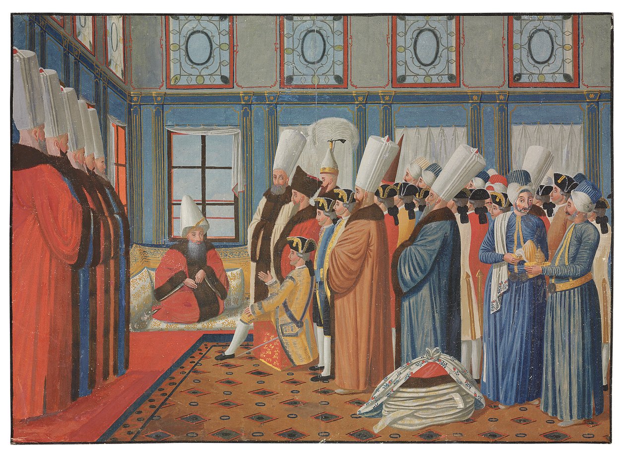 1755年5月31日，路易十五的大使韦尔格内斯伯爵（Count de Vergennes）向奥斯曼帝国苏丹“奥斯曼三世”国王维谢尔·雷斯·阿芬第（Reis Effendi）致辞 作者 安托万·德·法夫雷