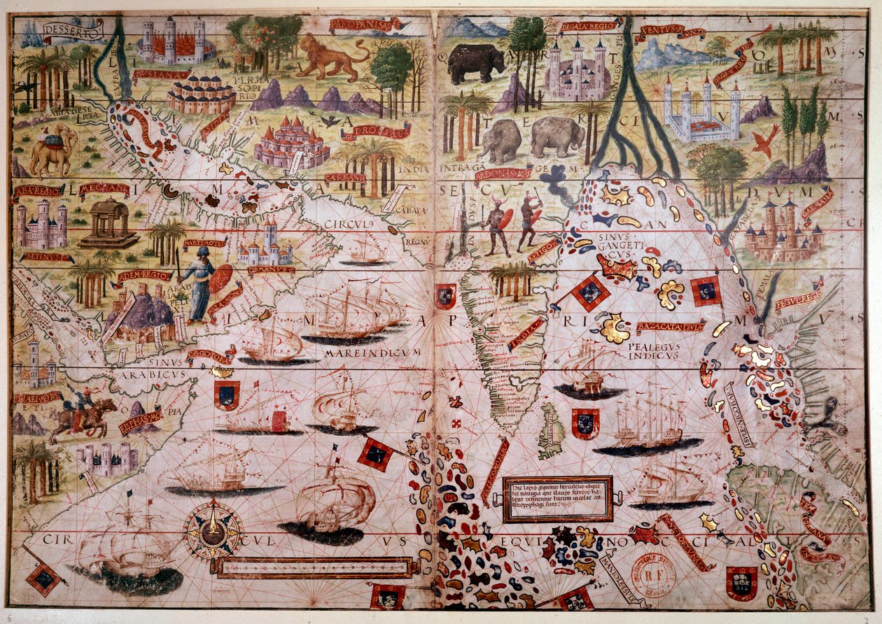 印度葡萄牙航海地图集。1519 年由皮埃尔-莱内尔和乔治-莱内尔、洛波-霍门（制图师）和安托万-德-霍兰德（微型画师）绘制的米勒地图手稿的页面。16 世纪。巴黎，B N. 作者 安托万德奥朗德