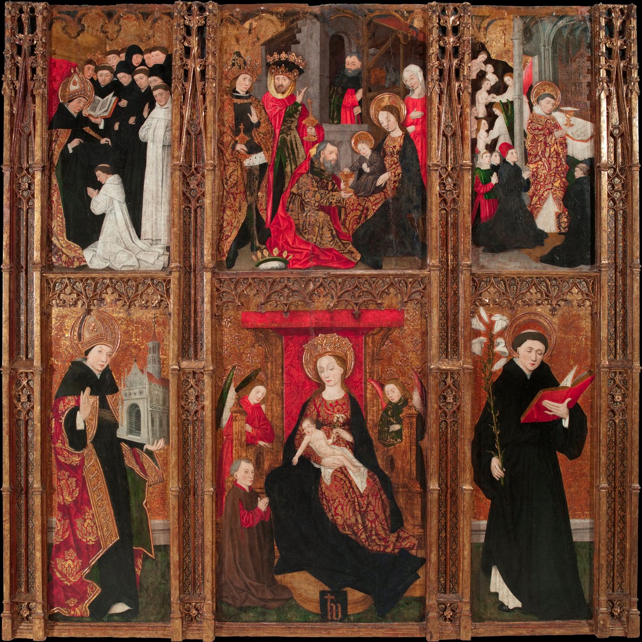 Retable de la vierge, saint Augustin et saint Nicolas de Tolentino - 圣母、圣奥古斯丁和圣尼古拉的托伦蒂诺祭坛壁画 - 安托万-德-隆希（1446-1490 年） 木板上的钢笔画和油画 1462 年 巴塞罗那加泰罗尼亚国家艺术博物馆 205,5x20 作者 安托万·德·朗西