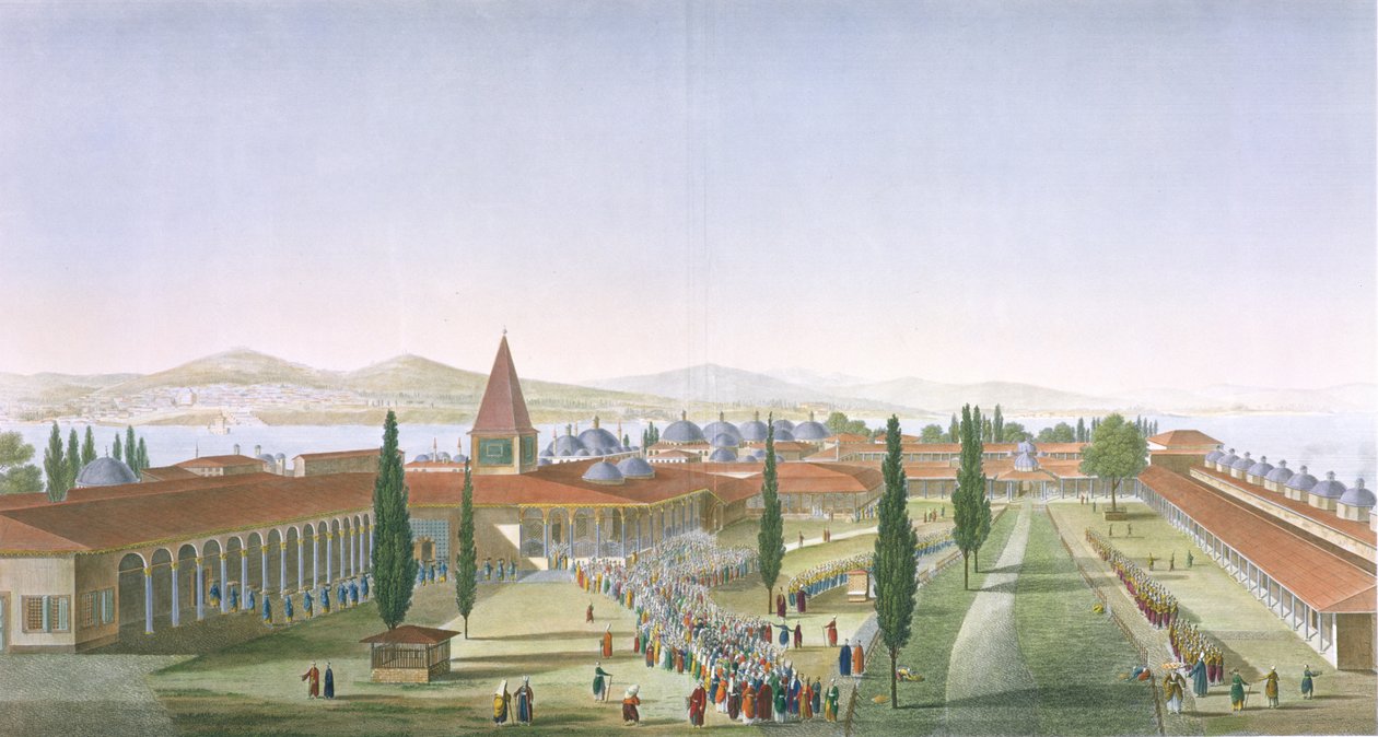 1815年Schroeder和Desmaisons雕刻的Seraglio内部庭院，君士坦丁堡，Topkapi宫殿（aquatint） 作者 安东·伊格纳兹·梅林