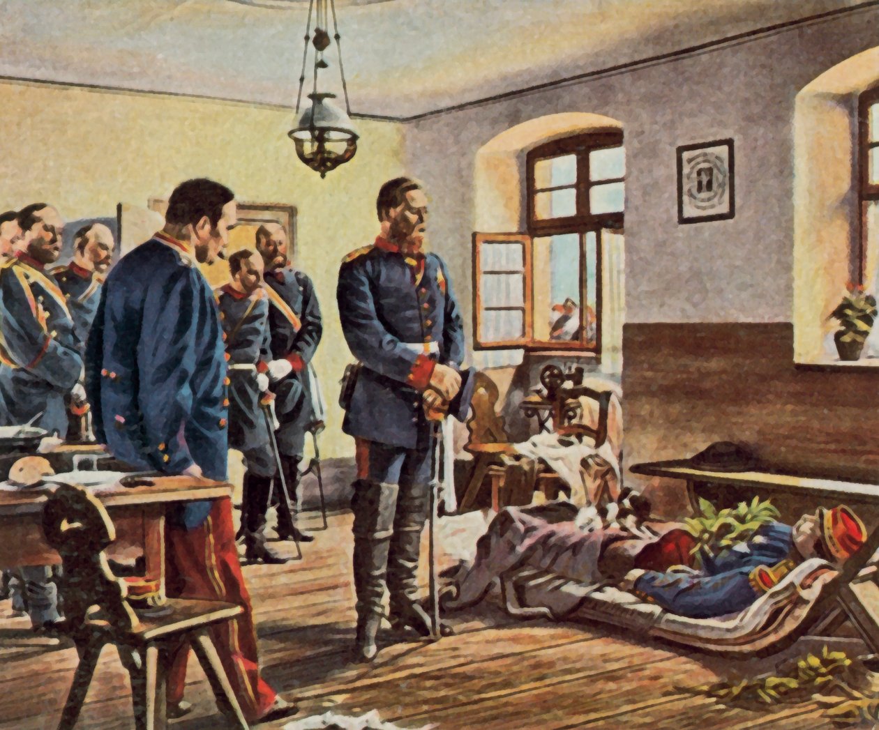 弗里德里希-威廉王储在杜埃将军的遗体前，1870 年 8 月 4 日（彩色石版印刷增强版） 作者 安东·亚历山大·冯·沃纳（后）