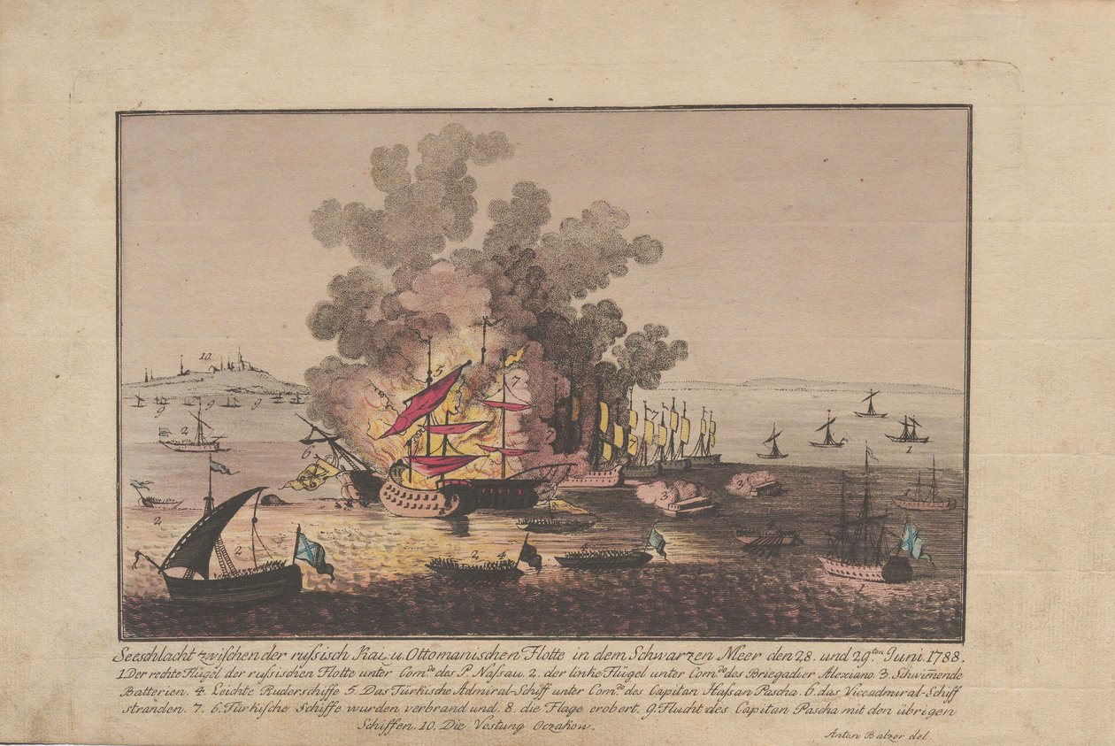 1788年6月28日和29日，俄罗斯和奥斯曼帝国舰队在黑海进行的海战，1788年。 作者 安东·巴尔泽