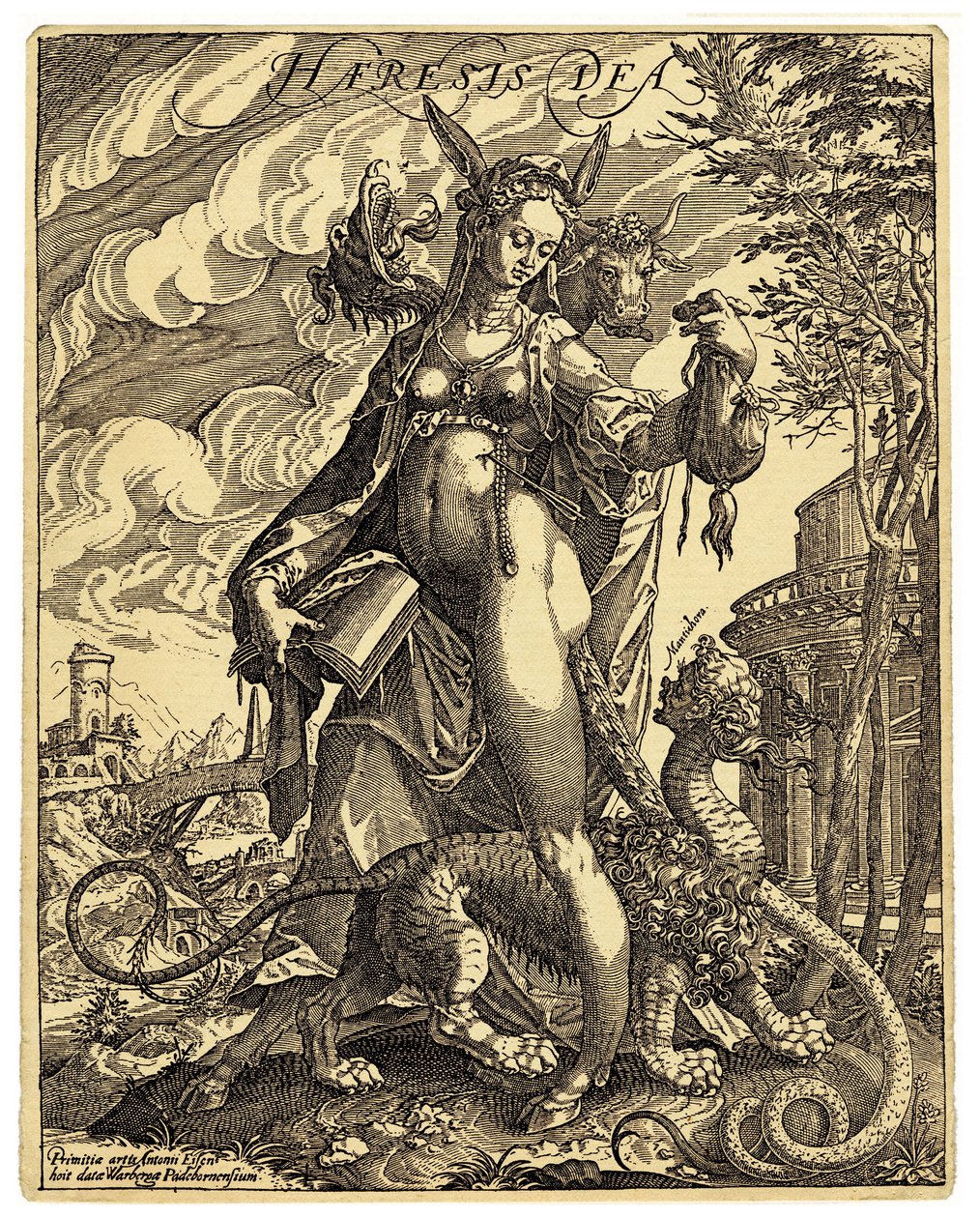 Heresia 神是一个寓言人物，形象是一个长着驴耳朵的女人，手里拿着一本被撕坏的书，两腿之间夹着一个怪物。安东-艾森豪特（1554-1603 年）创作的反改革派讽刺版画 16 世纪末 作者 