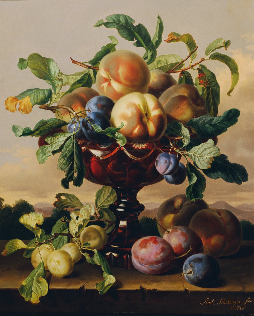 红色玻璃碗中的桃子和李子静物画 作者 安东·哈廷格