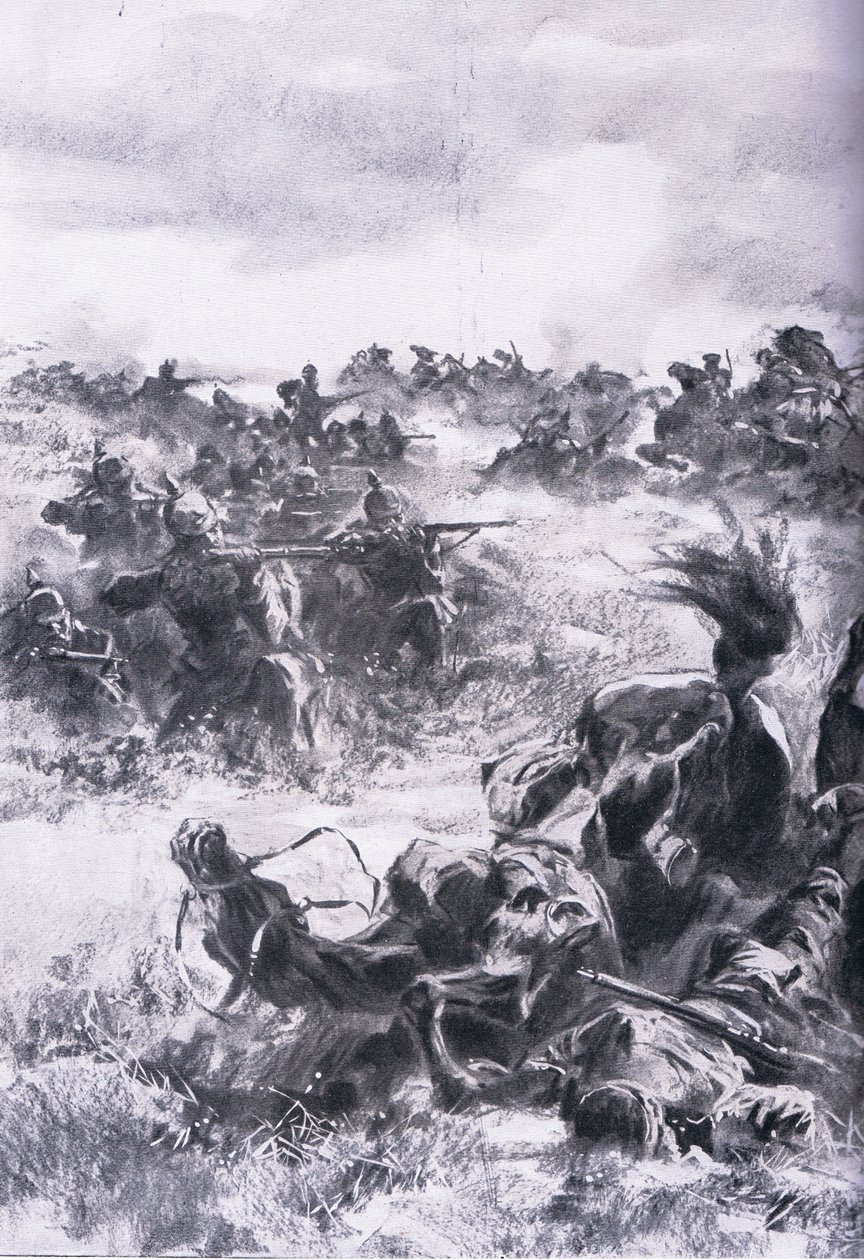 在 Praszysz 击败俄罗斯第 14 骑兵旅，出自 The Illustrated History of the World War 1914-1915 酒吧。 by Union Berlagsefellfchaft 作者 安东·霍夫曼
