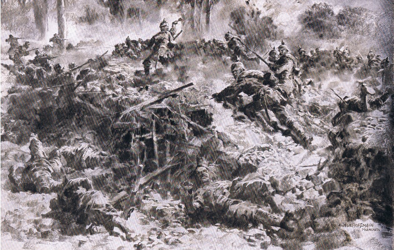 符腾堡国王榴弹兵突破了敌人在阿尔贡的部署，摘自《1914-1915年世界大战插图史》，由Union Berlagsefellfchaft出版。 作者 安东·霍夫曼