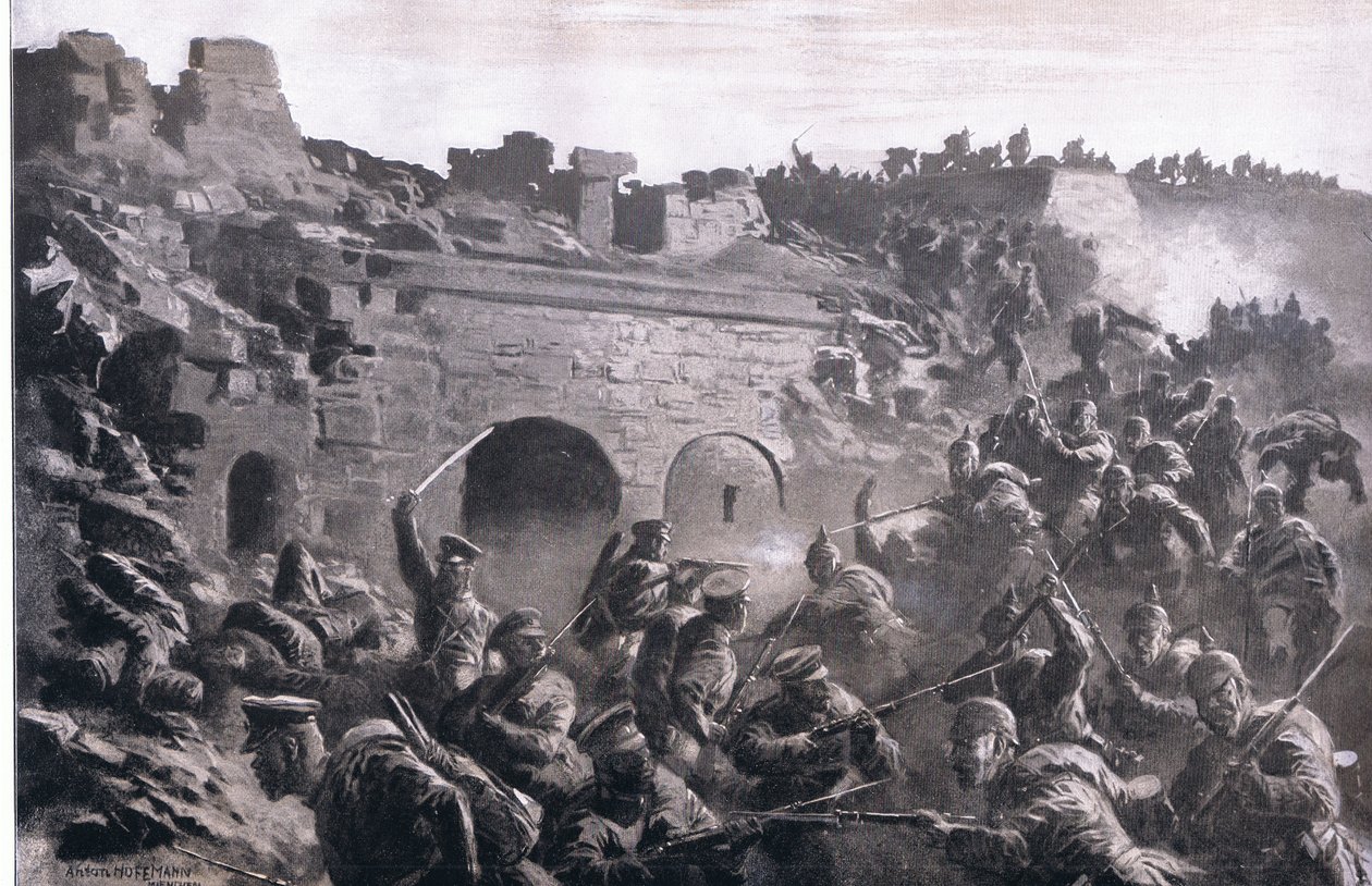 《1914-1915 年世界大战图解历史》酒吧对卡夫诺堡垒的猛攻。 by Union Berlagsefellfchaft 作者 安东·霍夫曼