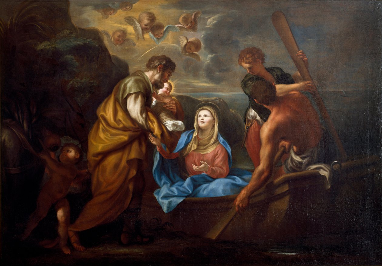 The flight to Egypt The holy family embarks on a boat. Painting by Anton Maria Piola (1654-1715) Collezione Banca Carige Genes 作者 安东·玛丽亚·皮奥拉（Anton Maria Piola）