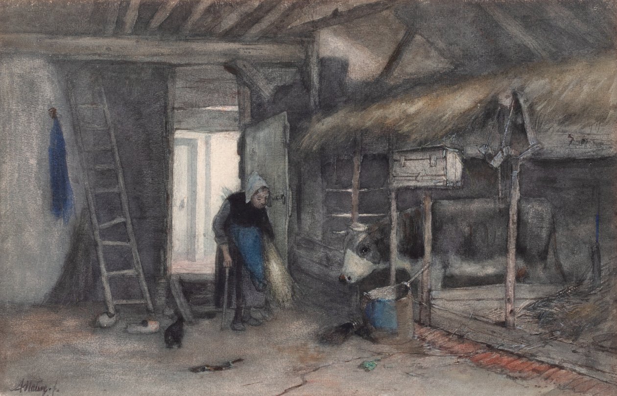 晨间杂务，约 1845-65（纸面水彩画） 作者 安东·莫夫（Anton Mauve）