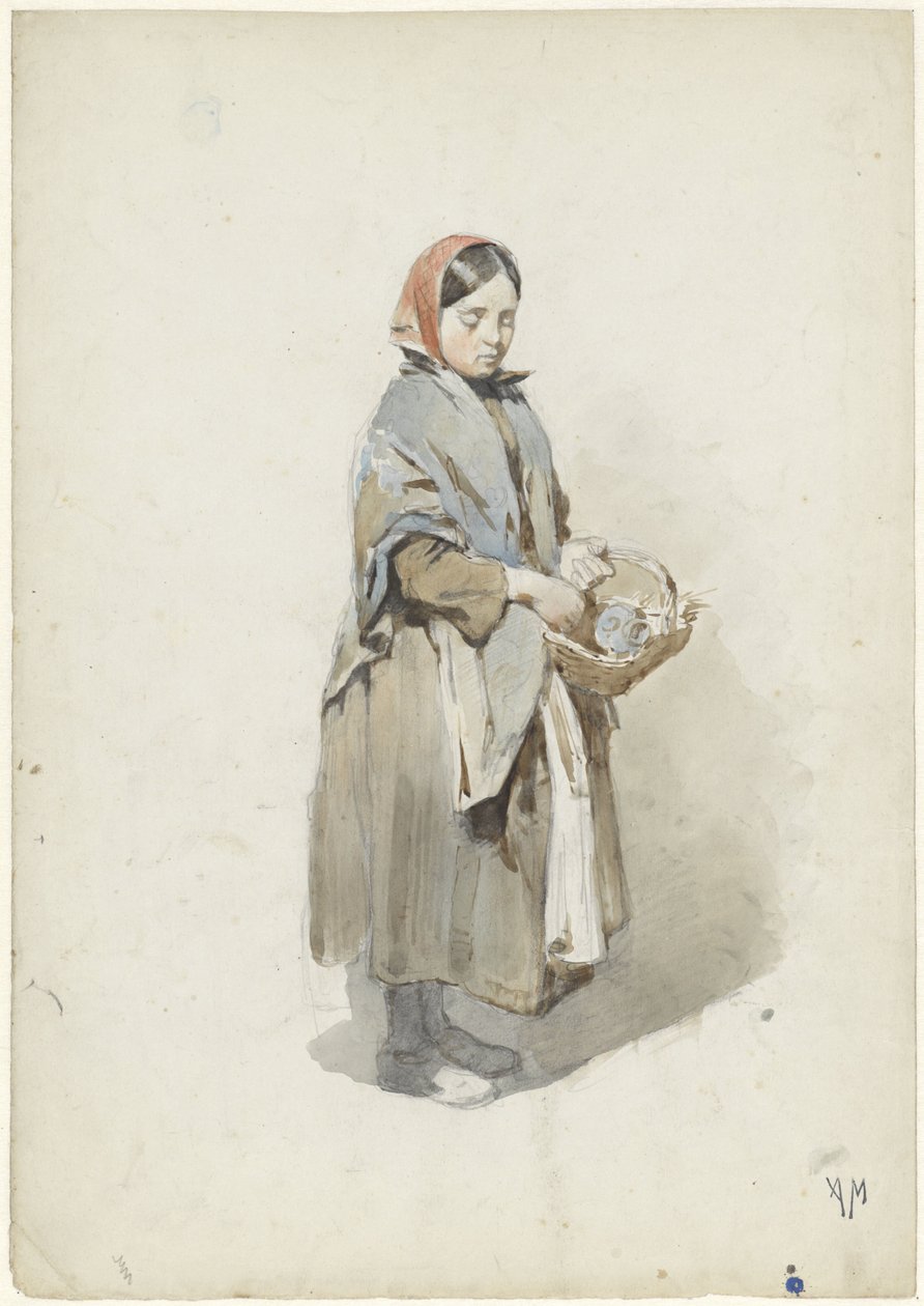 头戴头巾和篮子的站立妇女 作者 安东·莫夫（Anton Mauve）