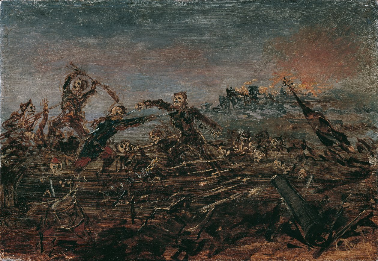 战场上的死亡之舞，在燃烧的废墟前，1882-1885。 作者 安东·罗马科