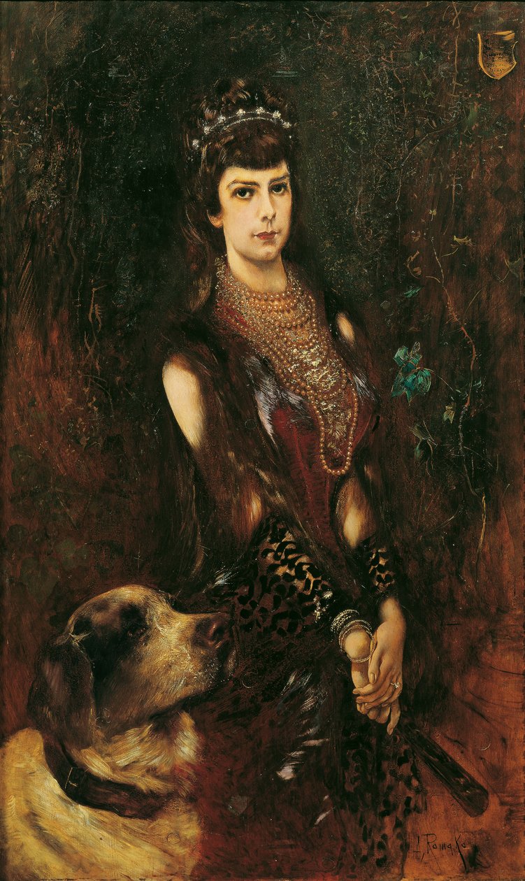 巴伐利亚的伊丽莎白和圣伯纳犬的画像，1883年。 作者 安东·罗马科