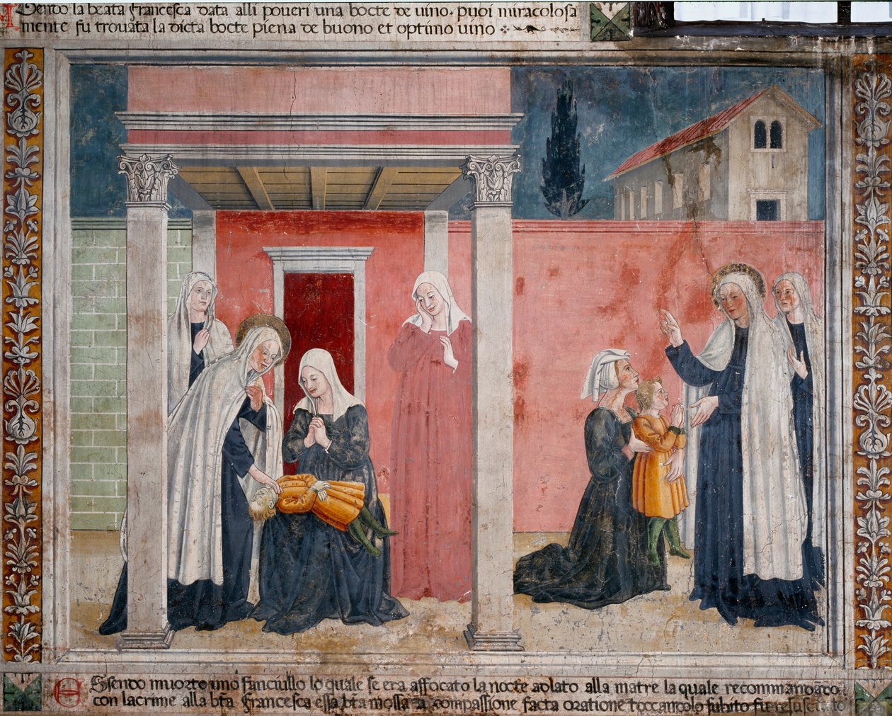 圣弗朗索瓦·罗曼 (santa Francesca romana) (1384-1440) 的生平：“圣人复活了一个未受洗的孩子，他的母亲在睡梦中意外窒息””安东尼亚佐·罗马诺的壁画（15 世纪）1468 年罗马，社区修道院 扁圆的 d 作者 罗马安东尼奥