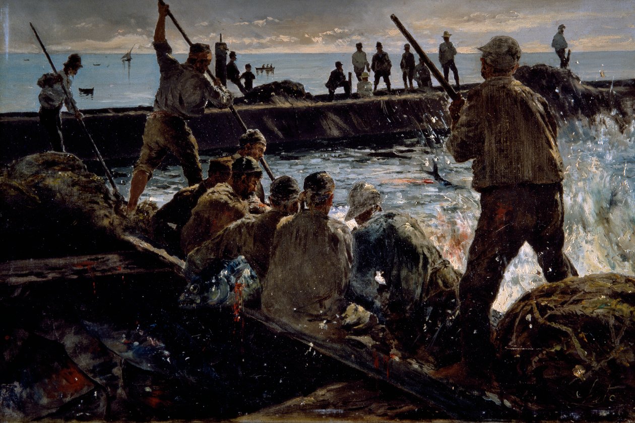 屠宰金枪鱼》，安东尼诺-莱托（1844-1913 年）的画作，布面油画，41x62 厘米 作者 安东诺·莱托（Antonino Leto）