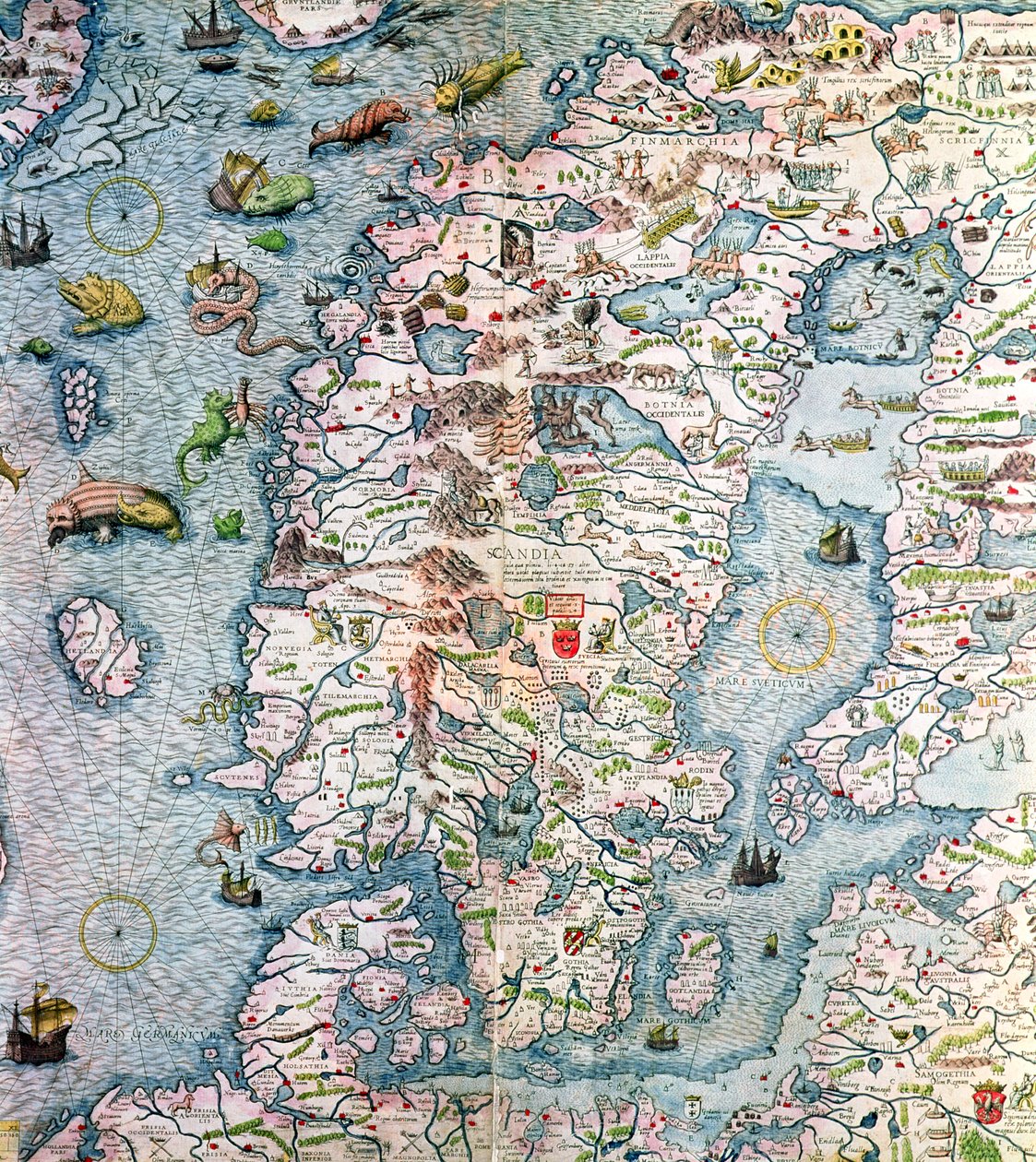 斯堪的纳维亚半岛，详细信息来自Carta Marina by Olaus Magnus，1572 作者 安东尼奥·拉弗里里（Antonio Lafreri）