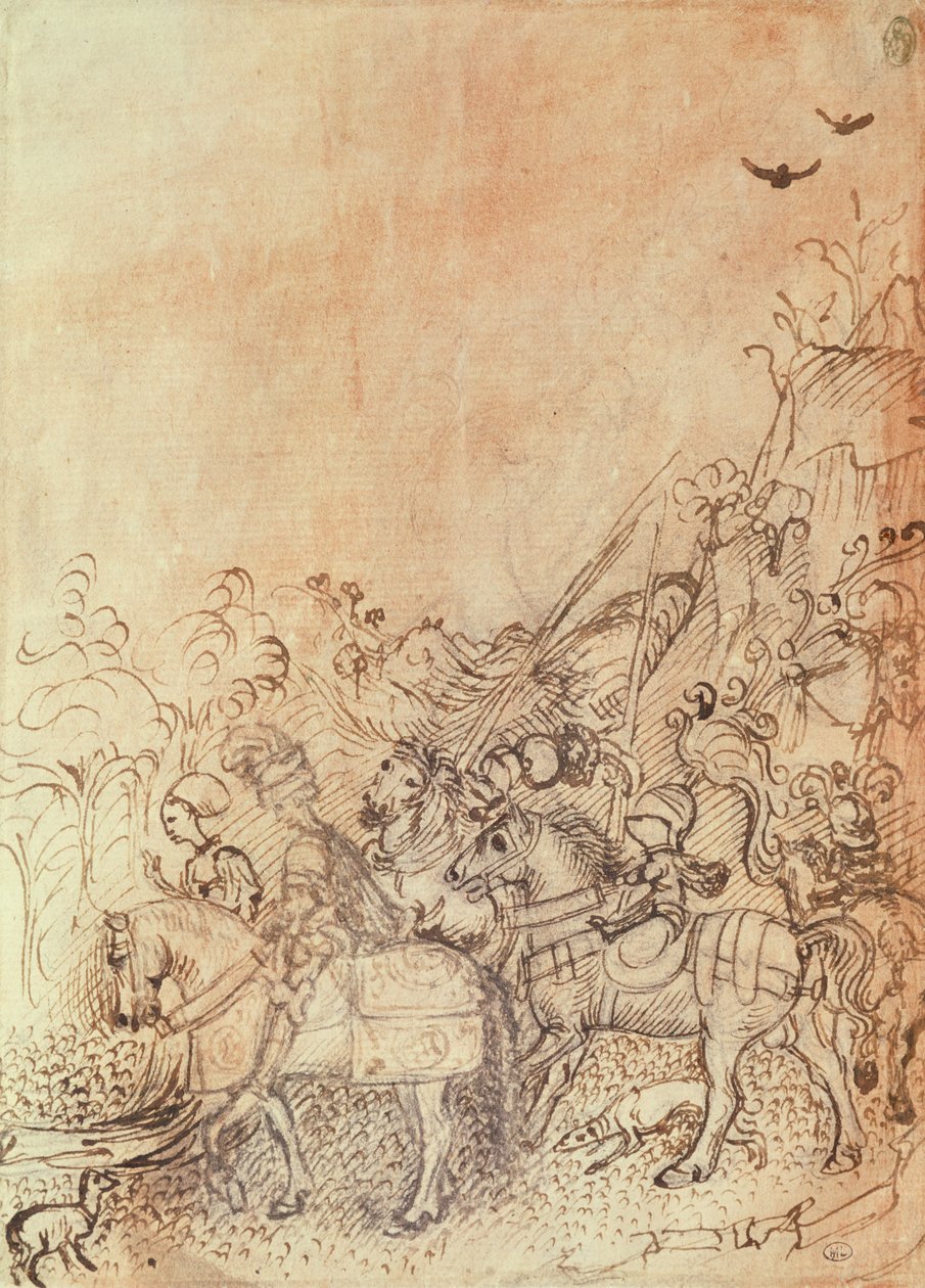 来自Vallardi专辑的Gonzague的John和他的朝臣们在一个montainous景观 作者 安东尼奥·皮萨内洛