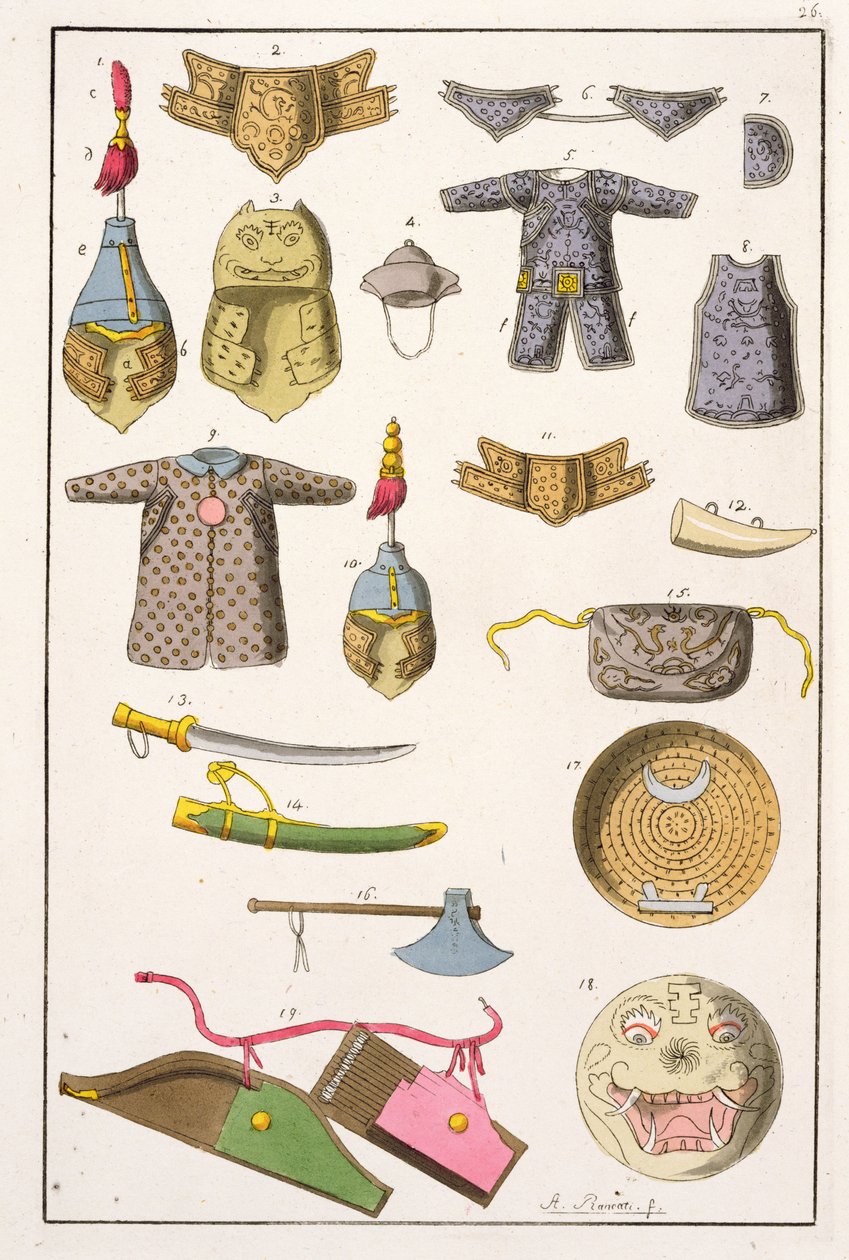 中国军事武器和服装，来自朱利奥·费拉里奥的“Le Costume Ancien et Moderne”插图，出版于1820年代至30年代 作者 安东尼奥·兰卡蒂