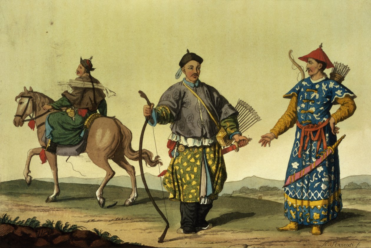 来自Ching军队的蒙古八旗士兵，由A. Rancati雕刻（彩色雕刻） 作者 安东尼奥·兰卡蒂
