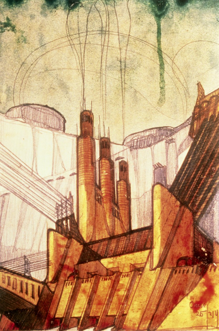 电力厂，1914年（笔墨，铅笔，纸上） 作者 安东尼奥·桑特·埃利亚