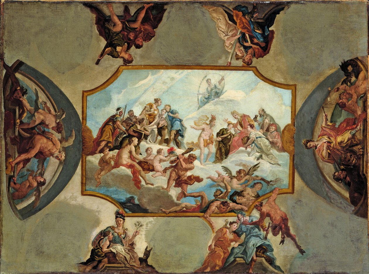 尊敬帕拉蒂娜（Joector Palatine）约翰·威廉（Johann Wilhelm）。本斯伯格城堡天花板绘画设计，1709年 作者 安东尼奥·贝鲁奇
