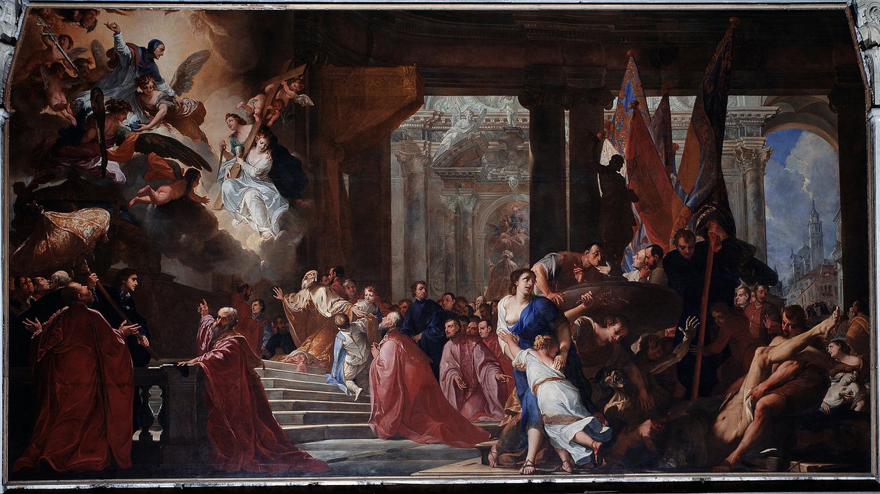 总督尼科洛·孔塔里尼 (Doge Nicolo Contarini) 向受祝福的洛伦佐·朱斯蒂尼亚尼 (Lorenzo Giustiniani) 发誓，他可以为威尼斯从 1630 年的瘟疫中解放出来进行调解（绘画 作者 安东尼奥·贝鲁奇