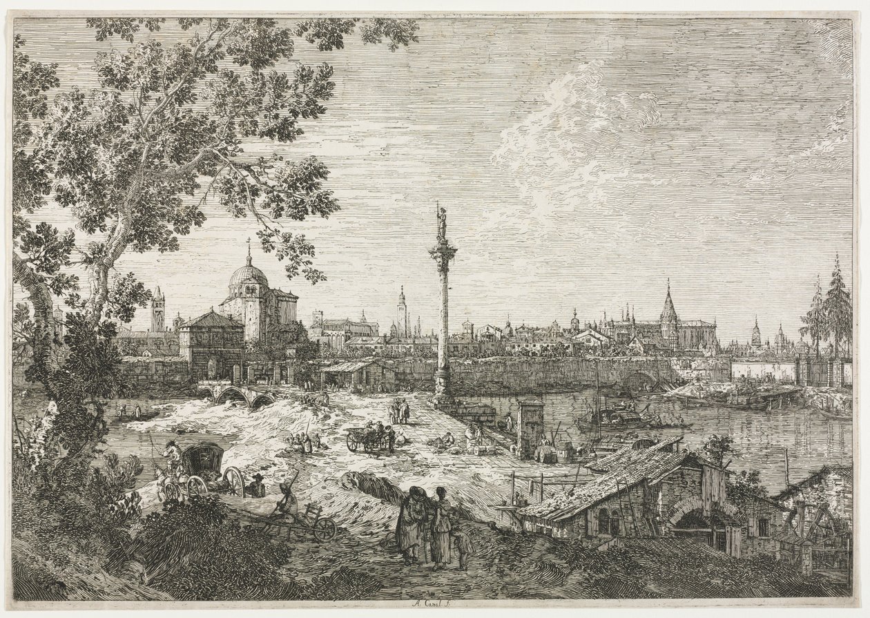 一个城市的全景河的。 作者 乔瓦尼·安东尼奥运河（Canaletto）