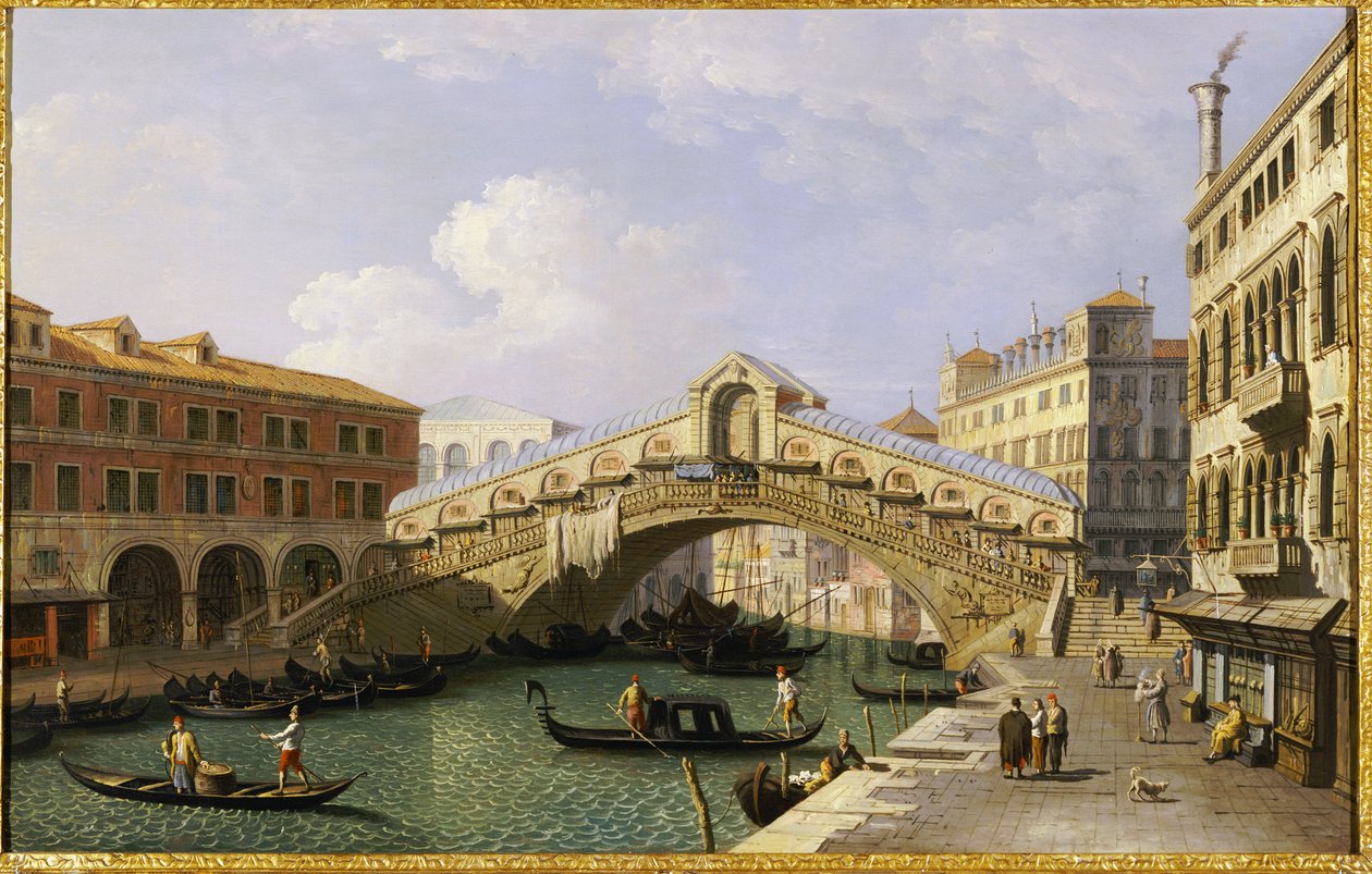 南部的里亚托桥威尼斯（Rialto Bridge）与Fondamenta Del Vin和Fondaco Dei Tedeschi 作者 乔瓦尼·安东尼奥运河（Canaletto）