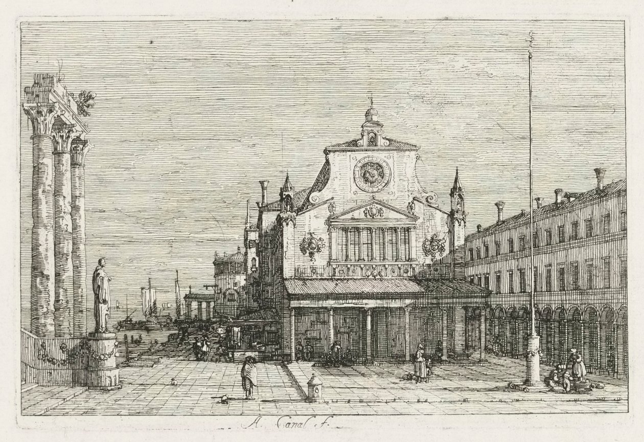 视图：三列和一个雕像在海岸上，1735-1746年。 作者 乔瓦尼·安东尼奥运河（Canaletto）