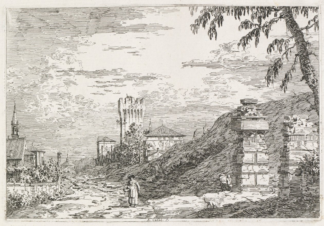 视图：两座被破坏的柱子，1735-1746年。 作者 乔瓦尼·安东尼奥运河（Canaletto）