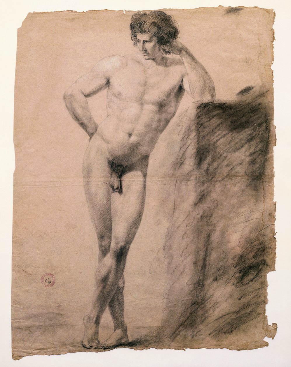 安东尼奥-卡诺瓦（1757-1822）的男性裸体靠在基座上的研究，图画 作者 安东尼奥·卡诺瓦