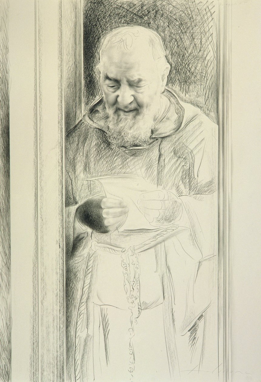 Padre Pio Reading，1988-89（纸上木炭） 作者 安东尼奥·西科内