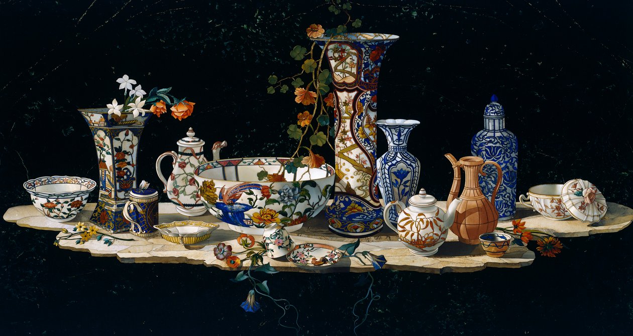 带瓷器花瓶的桌面，约1797年，大理石上的半宝石马赛克，在佛罗伦萨的大公国工场根据Antonio Cioci（活跃于18世纪下半叶）的模型创作，意大利，意大利文化 作者 Antonio Cioci或Ciocchi