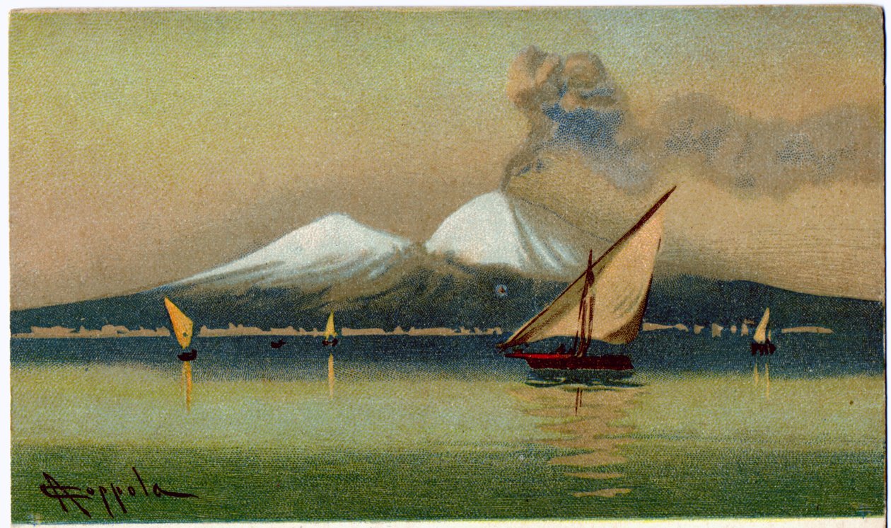 地理。 维苏威火山和那不勒斯湾。 插图由 A. Coppola 绘制，意大利，c.1920（明信片） 作者 安东尼奥·科波拉