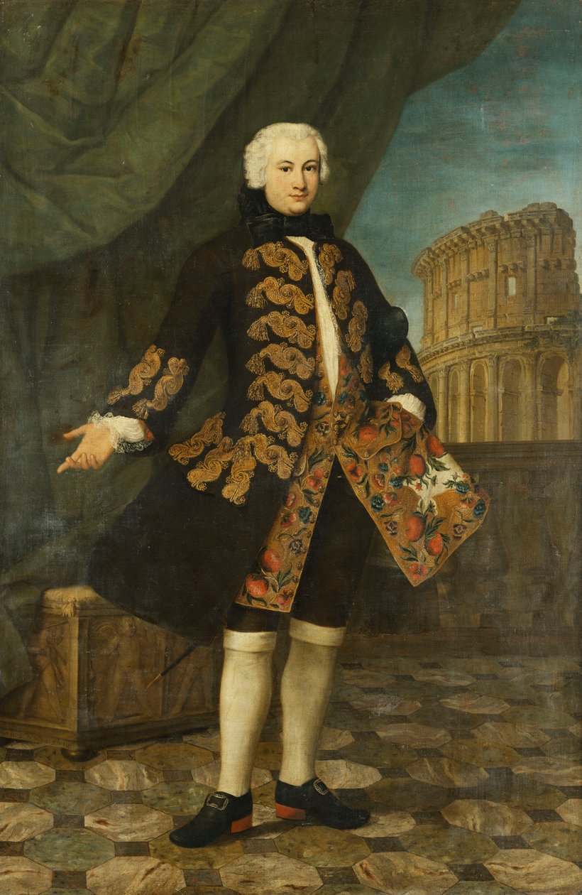 威廉·佩里（William Perry）的肖像，现年21岁，站立，全长，穿着金色绣花的棕色大衣，由栏杆组成，上面有古罗马圆形竞技场， 作者 安东尼奥·戴维