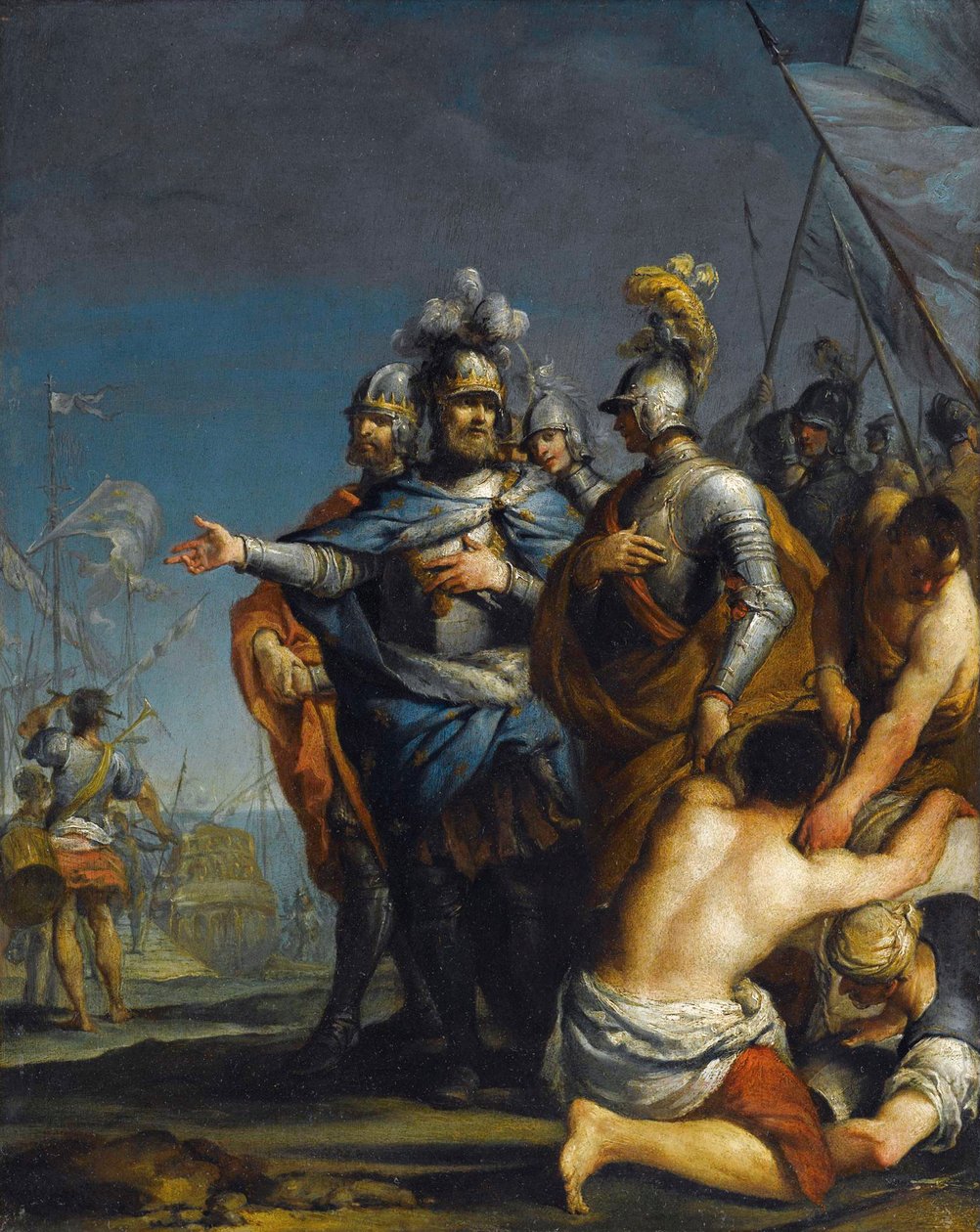 安东尼奥-吉奥尼玛（1697-1732）的《圣路易出发去十字军》--铜板油画，45x35.8 --私人收藏 作者 安东尼奥·吉奥尼玛