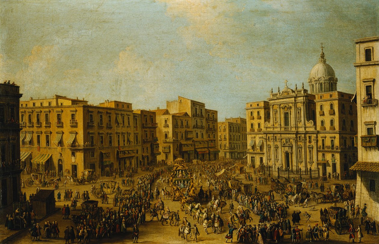 那不勒斯的拉戈·圣·费迪南多（Largo San Ferdinando），在狂欢节时期，皇家马车接近皇家宫， 作者 安东尼奥·乔利