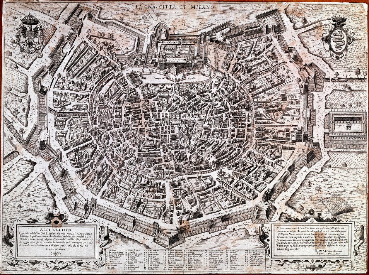 Antonio Lafreri (Lafrery or Lanfrerius) (1512-1577) 于 1573 年编辑的米兰城市地图。这是该市最古老的地图。 米兰，米兰博物馆 - 米兰地图。 1573 年最古老的城市地图，由 Antonio Lafreri 编辑。 意大利，米兰博物馆 作者 安东尼奥·拉弗里里（Antonio Lafreri）