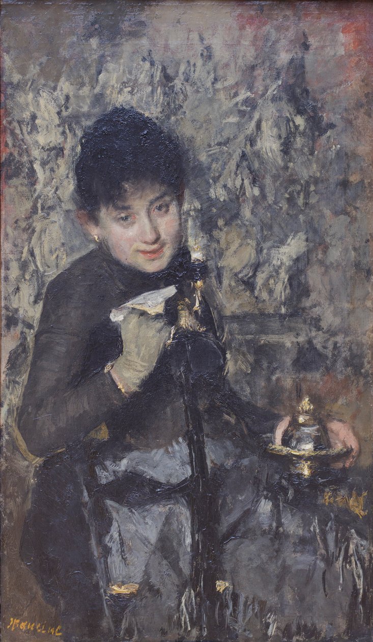 带墨水瓶的女子，约 1875 年（布面油画） 作者 安东尼奥·曼奇尼
