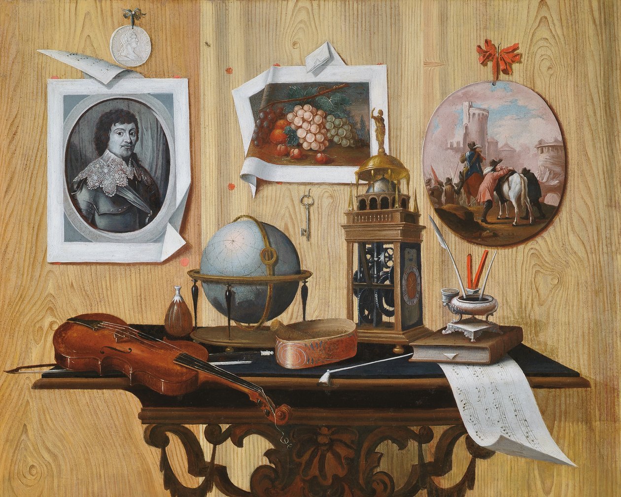 Trompe l“ oeil的版画和两幅画，一把钥匙，一把小提琴，一个地球仪，一个时钟，一张乐谱和桌上的其他物品 作者 安东尼奥·马拉