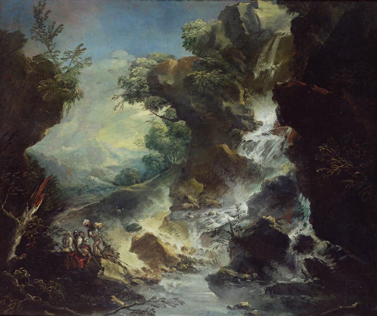 带瀑布的风景，约1700-07年（布面油画） 作者 安东尼奥·马里尼